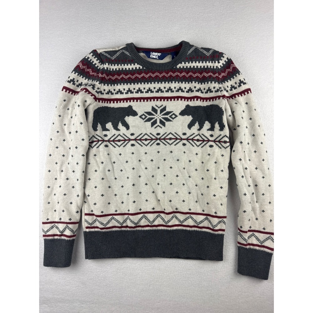 Lands End Mens Fair Isle Bear Snowflake Cotton Sweater Cream Grey Burgundy S